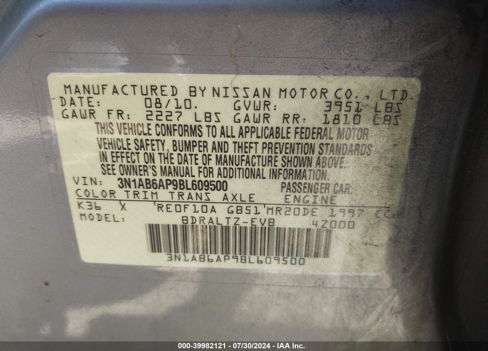 2011 NISSAN SENTRA 2.0/2.0S/2.0SL/2.0SR VIN: 3N1AB6AP9BL609500