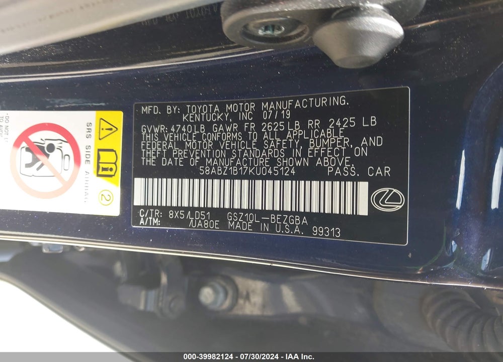 2019 LEXUS ES 350 VIN: 58ABZ1B17KU045124