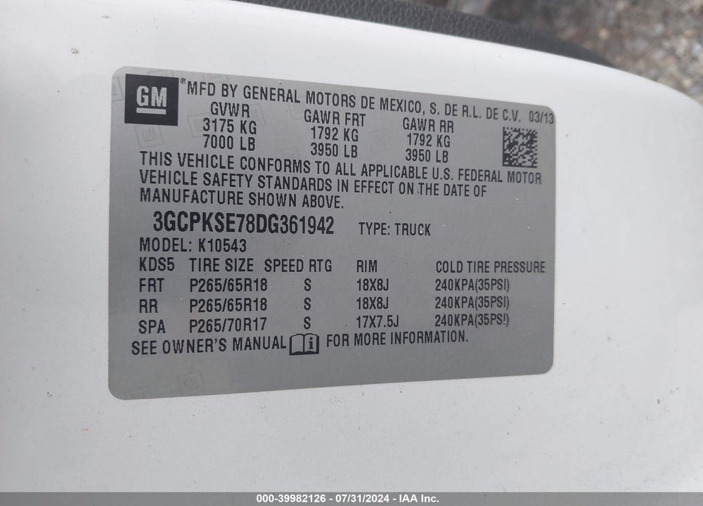 2013 CHEVROLET SILVERADO 1500 LT VIN: 3GCPKSE78DG361942