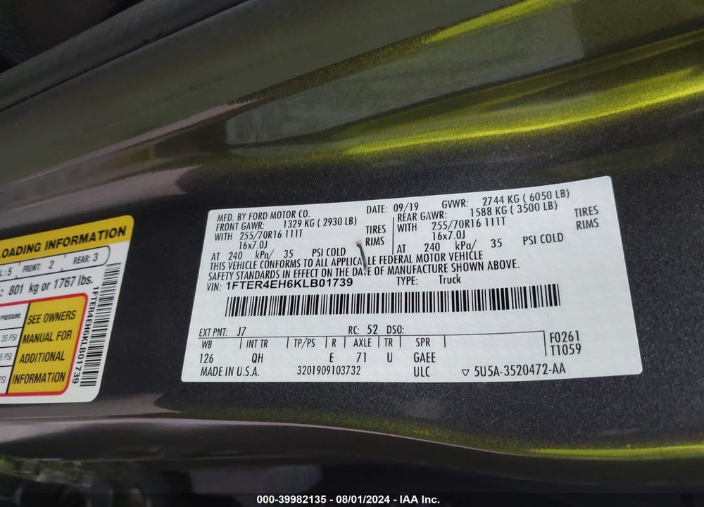 2019 FORD RANGER XL VIN: 1FTER4EH6KLB01739
