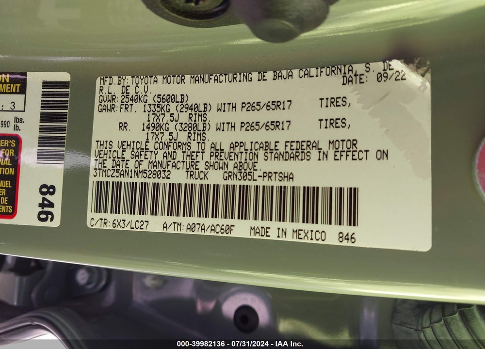 2022 TOYOTA TACOMA VIN: 3TMCZ5AN1NM528032