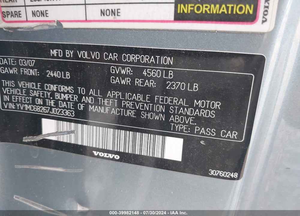2007 VOLVO C70 T5 VIN: YV1MC68267J023363