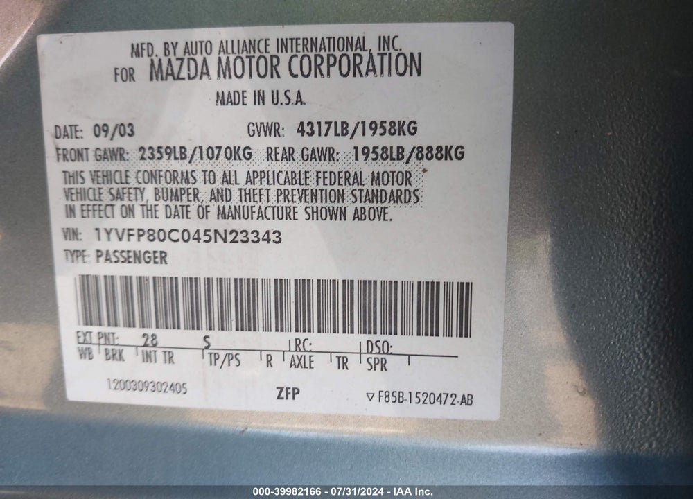 2004 MAZDA 6 I VIN: 1YVFP80C045N23343
