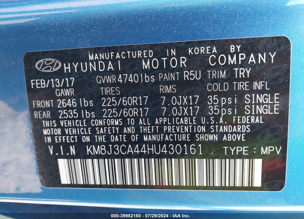 2017 HYUNDAI TUCSON SE PLUS VIN: KM8J3CA44HU430161
