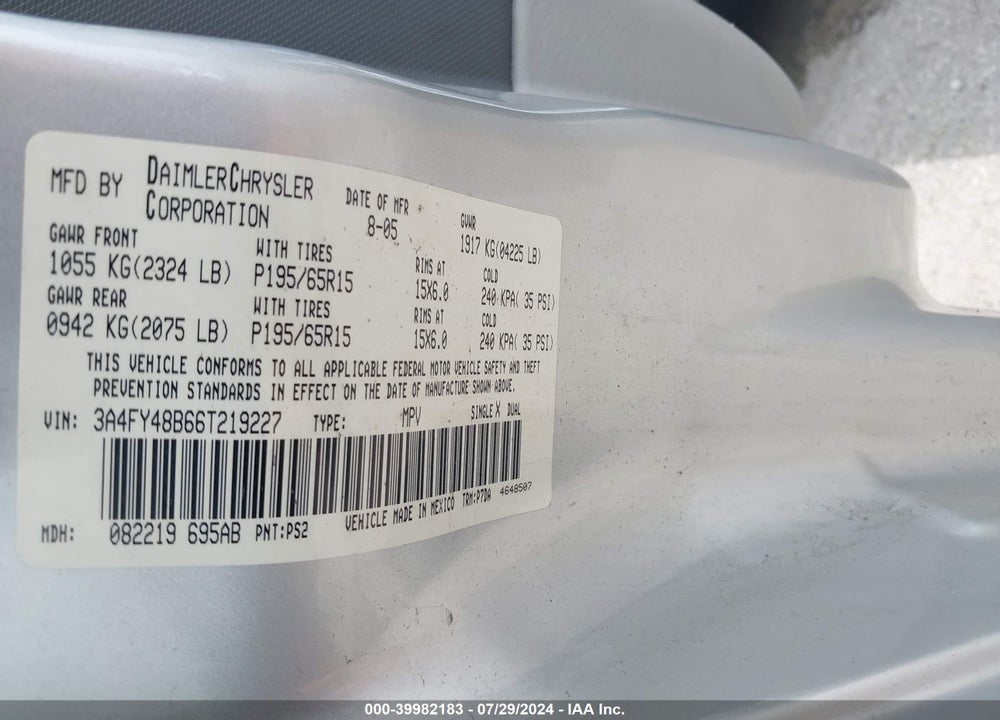 2006 CHRYSLER PT CRUISER VIN: 3A4FY48B66T219227