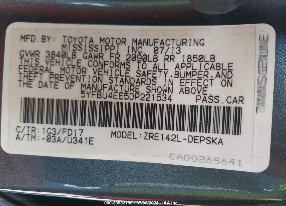 2013 TOYOTA COROLLA S VIN: 5YFBU4EE5DP221534