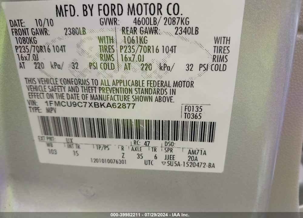 2011 FORD ESCAPE XLS VIN: 1FMCU9C7XBKA62877