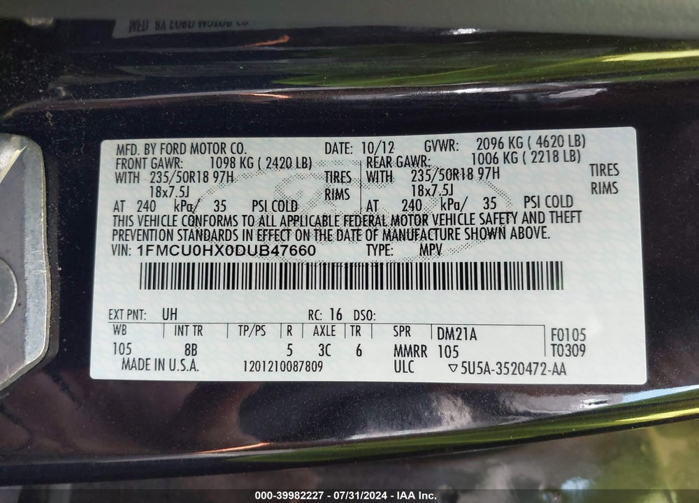 2013 FORD ESCAPE SEL VIN: 1FMCU0HX0DUB47660