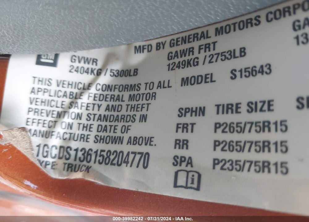 2005 CHEVROLET COLORADO LS VIN: 1GCDS136158204770