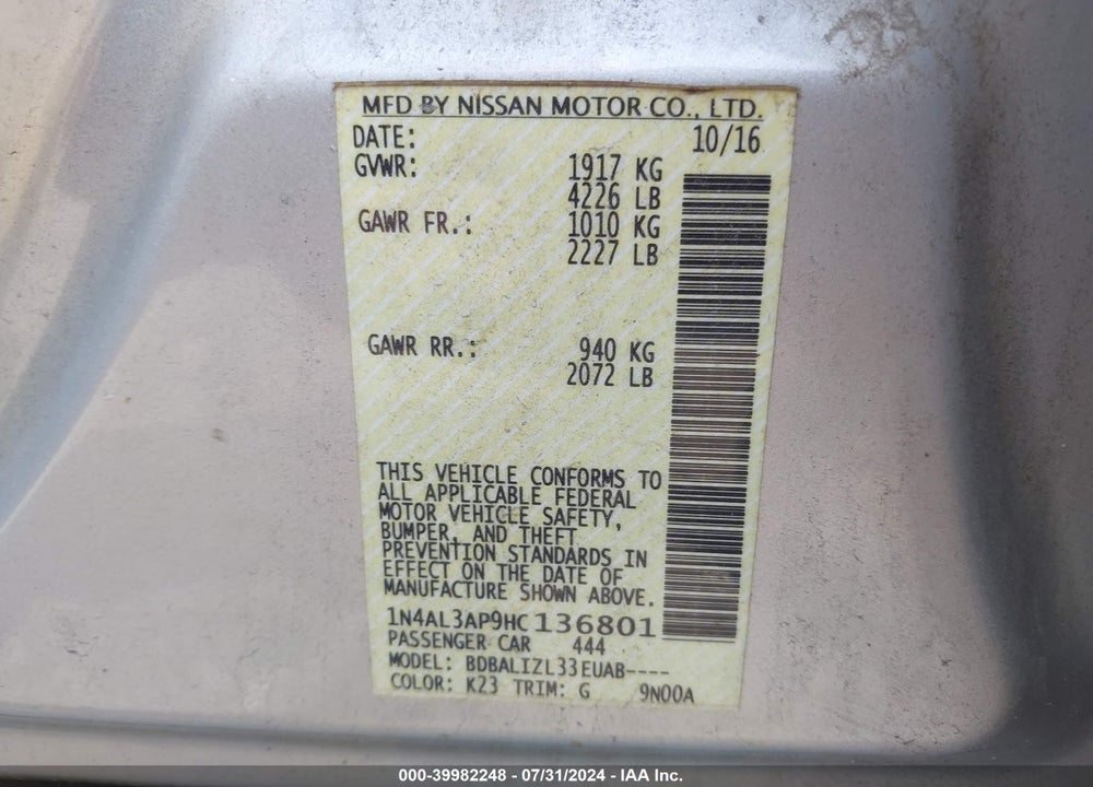2017 NISSAN ALTIMA VIN: 1N4AL3AP9HC136801