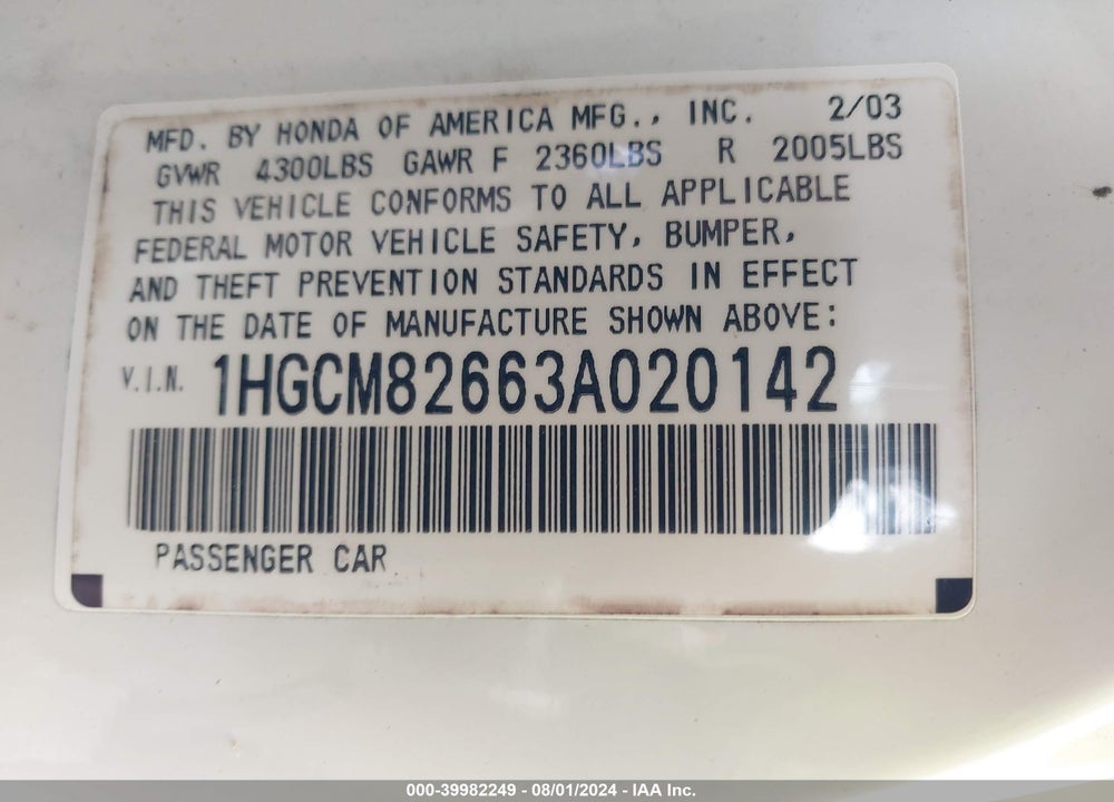 2003 HONDA ACCORD 3.0 EX VIN: 1HGCM82663A020142