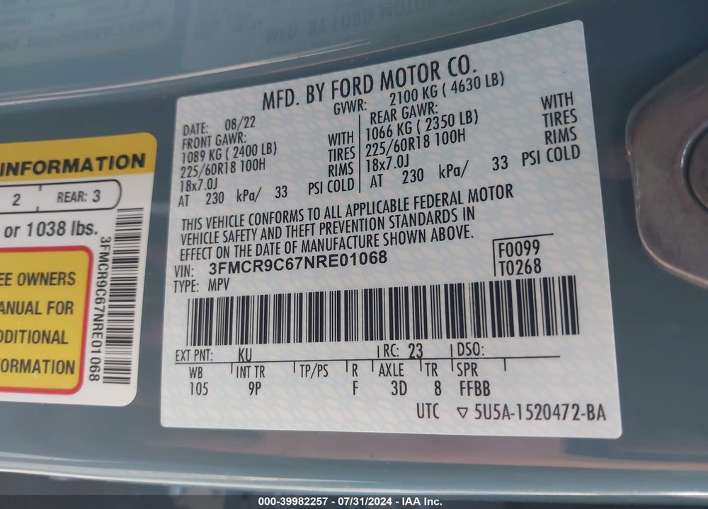 2022 FORD BRONCO SPORT OUTER BANKS VIN: 3FMCR9C67NRE01068