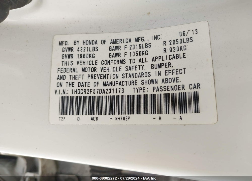 2013 HONDA ACCORD SPORT VIN: 1HGCR2F57DA231173
