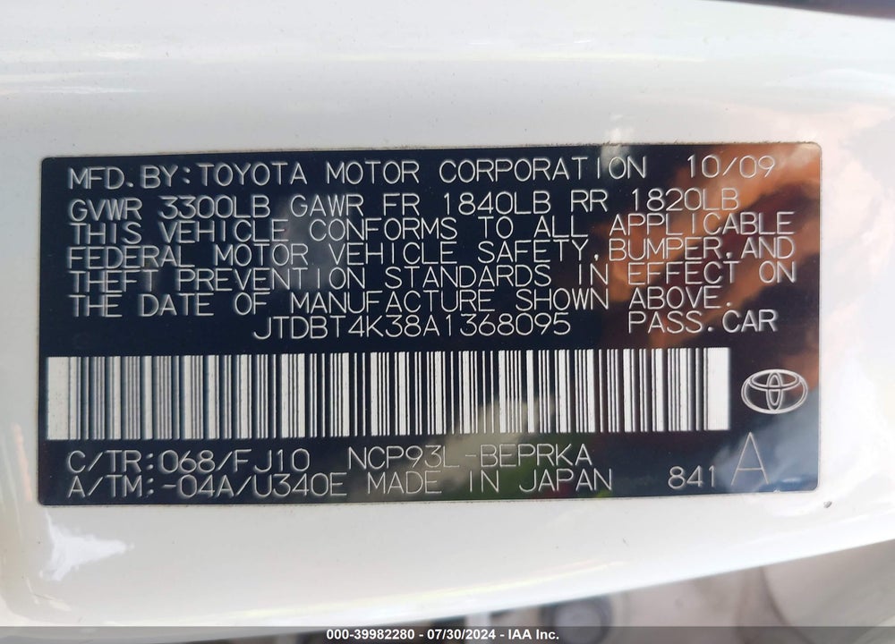 2010 TOYOTA YARIS VIN: JTDBT4K38A1368095
