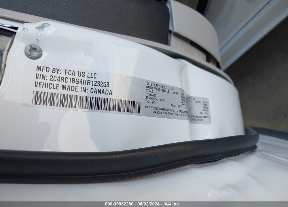 2024 CHRYSLER PACIFICA TOURING L VIN: 2C4RC1BG4RR123253