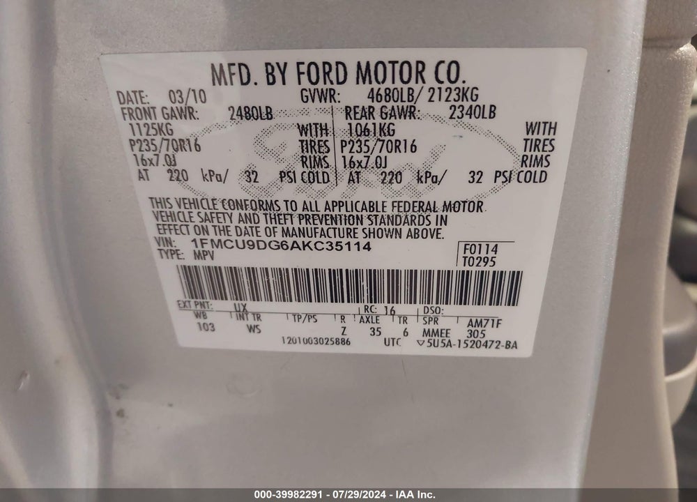 2010 FORD ESCAPE XLT VIN: 1FMCU9DG6AKC35114