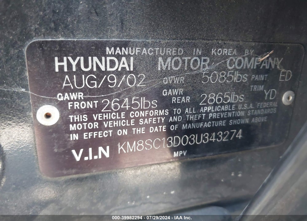 2003 HYUNDAI SANTA FE GLS/LX VIN: KM8SC13D03U343274
