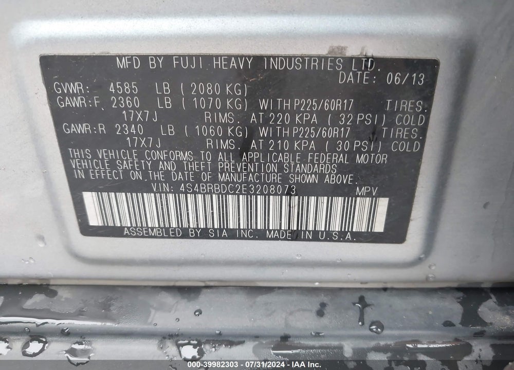 2014 SUBARU OUTBACK 2.5I PREMIUM VIN: 4S4BRBDC2E3208073