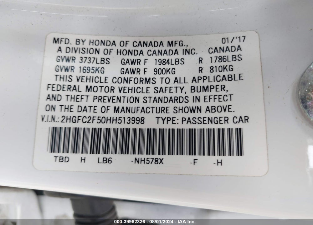 2017 HONDA CIVIC LX VIN: 2HGFC2F50HH513998