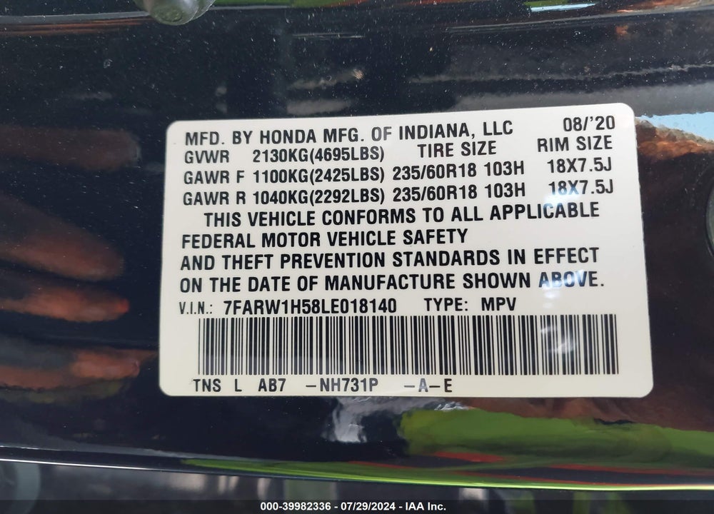 2020 HONDA CR-V 2WD EX VIN: 7FARW1H58LE018140