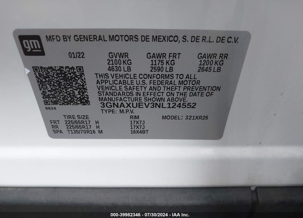 2022 CHEVROLET EQUINOX AWD LT VIN: 3GNAXUEV3NL124552