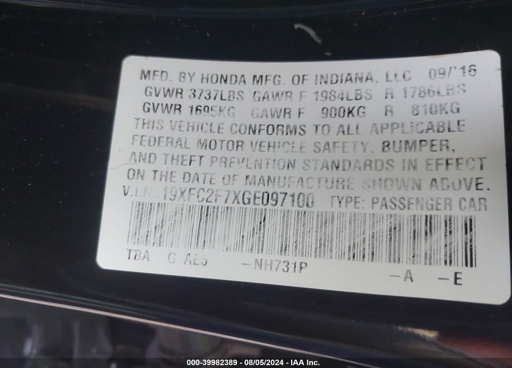 2016 HONDA CIVIC EX VIN: 19XFC2F7XGE097100