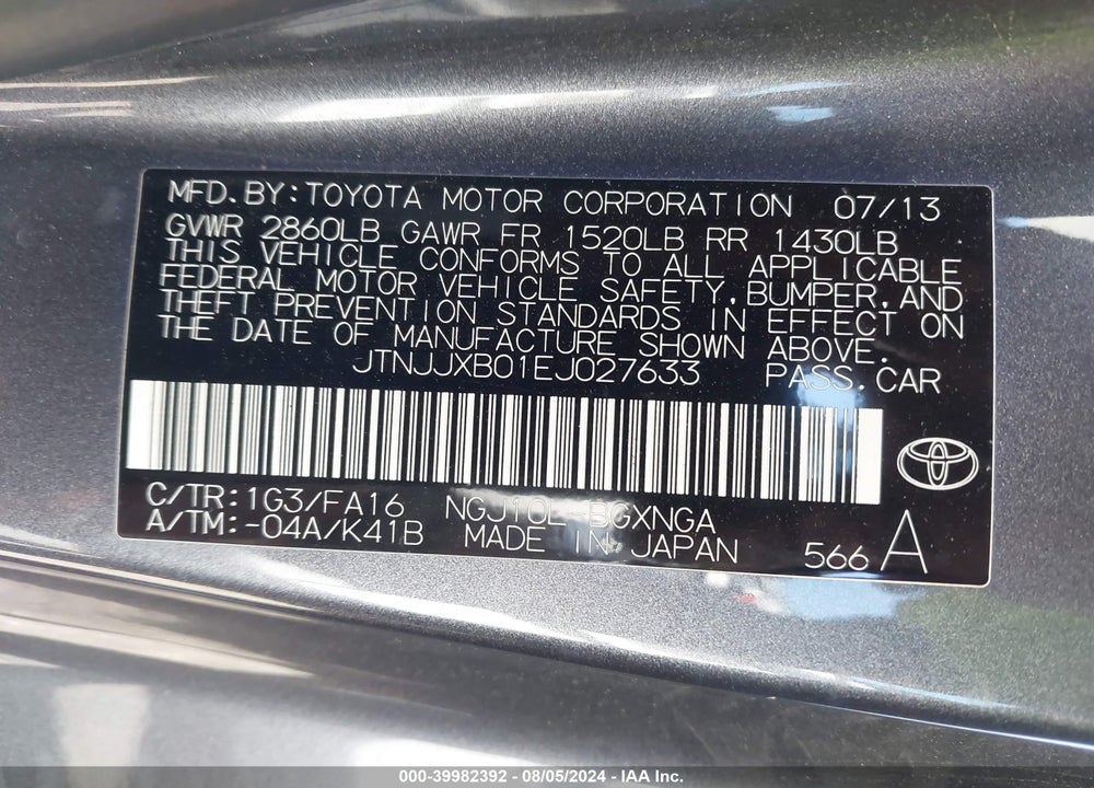2014 SCION IQ 10 SERIES VIN: JTNJJXB01EJ027633