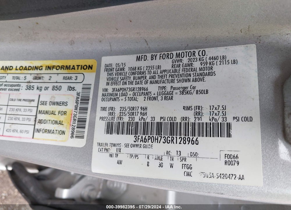 2016 FORD FUSION SE VIN: 3FA6P0H73GR128966