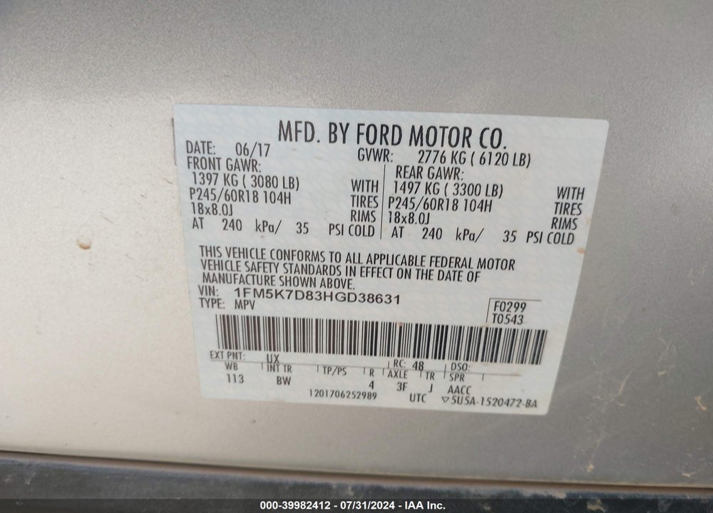 2017 FORD EXPLORER XLT VIN: 1FM5K7D83HGD38631