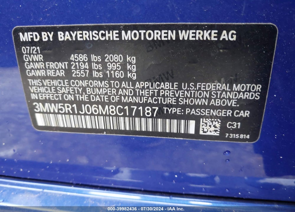 2021 BMW 330I VIN: 3MW5R1J06M8C17187