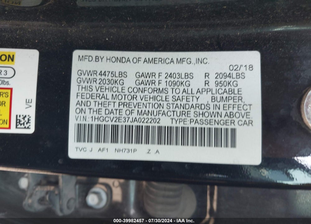 2018 HONDA ACCORD SPORT 2.0T VIN: 1HGCV2E37JA022202