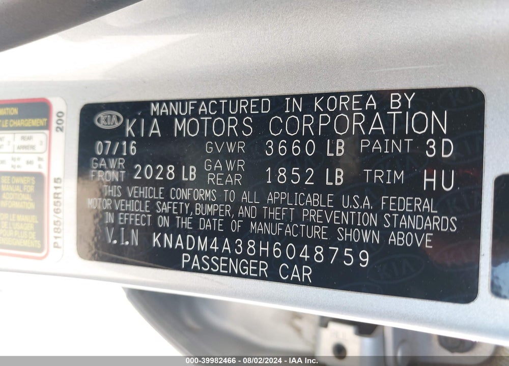 2017 KIA RIO LX VIN: KNADM4A38H6048759