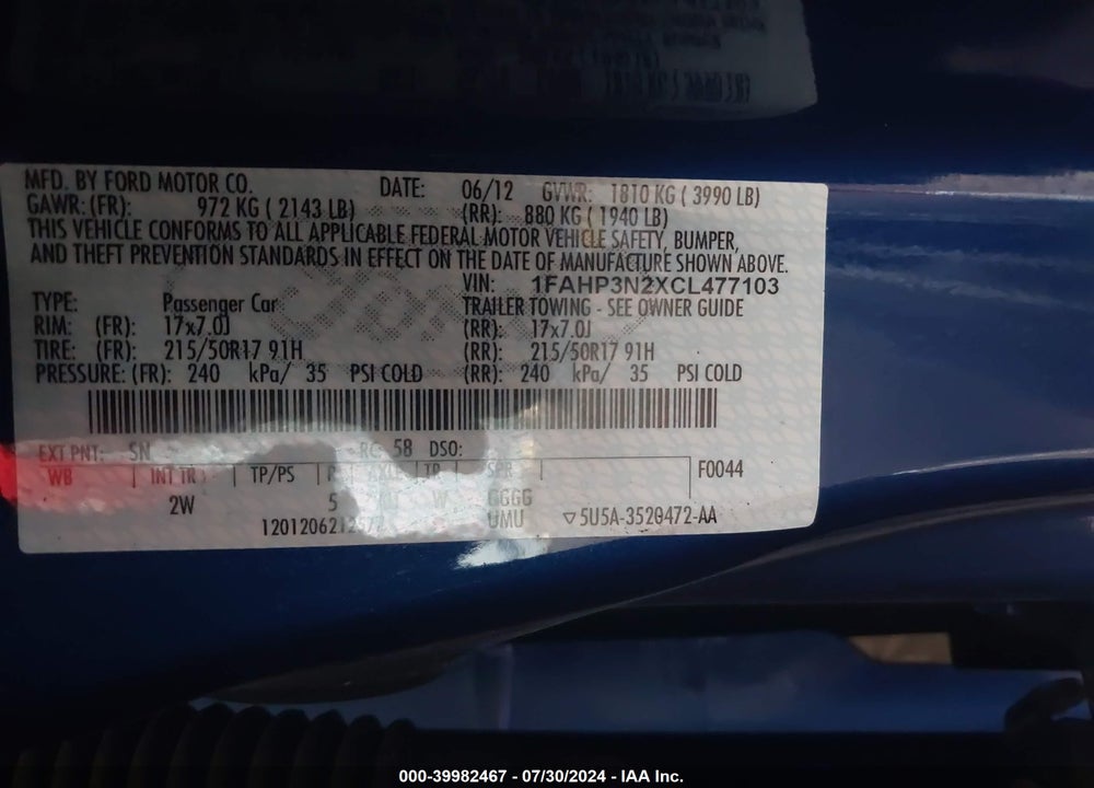 2012 FORD FOCUS TITANIUM VIN: 1FAHP3N2XCL477103