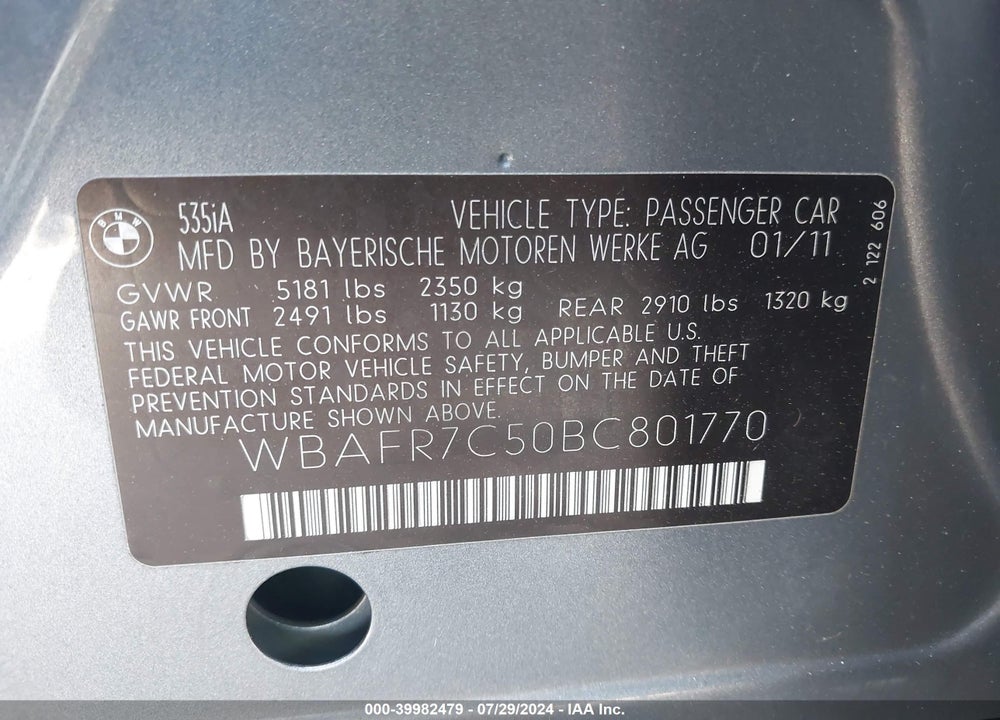 2011 BMW 535 VIN: WBAFR7C50BC801770