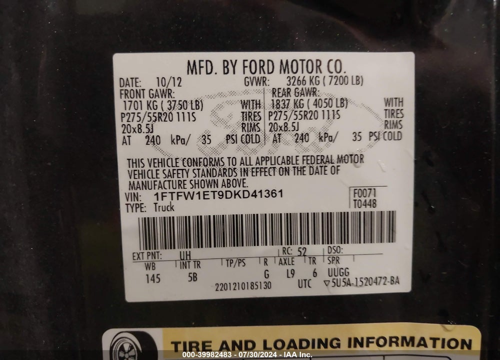 2013 FORD F-150 FX4 VIN: 1FTFW1ET9DKD41361