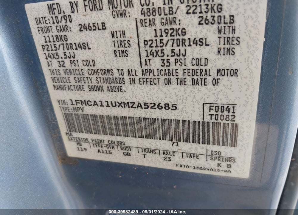 1991 FORD AEROSTAR VIN: 1FMCA11UXMZA52685