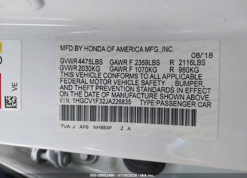 2018 HONDA ACCORD SPORT VIN: 1HGCV1F32JA226835