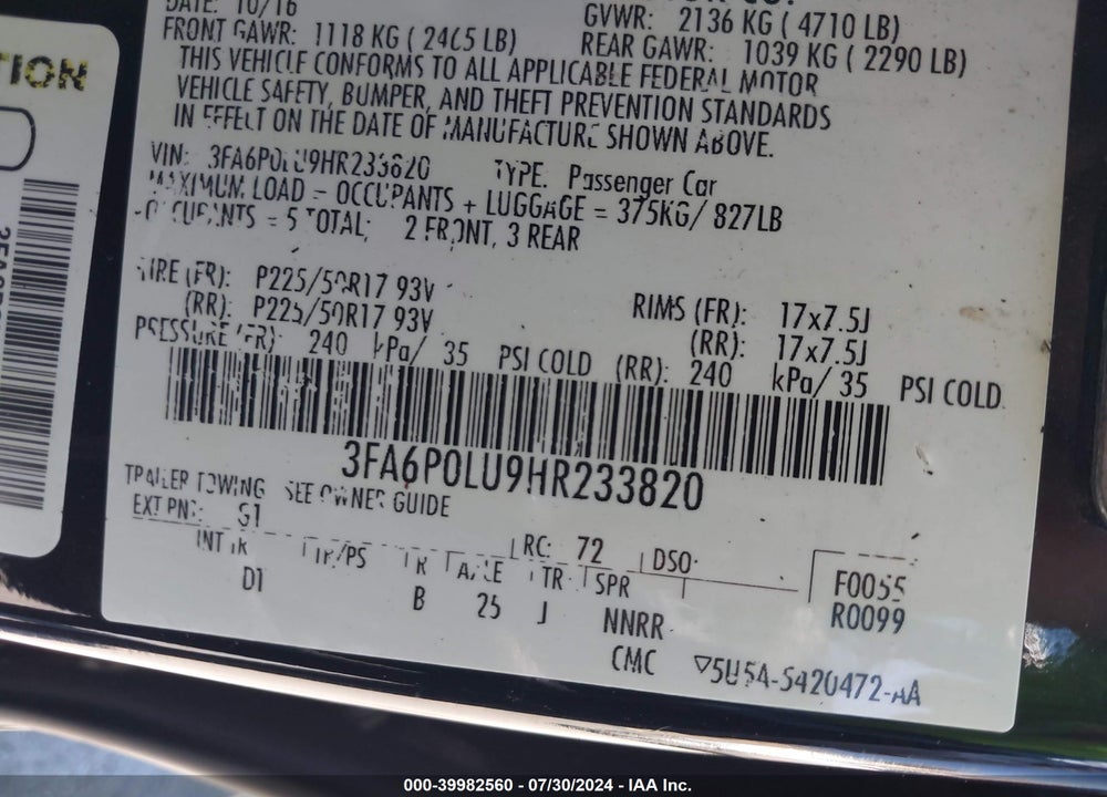 2017 FORD FUSION HYBRID SE VIN: 3FA6P0LU9HR233820
