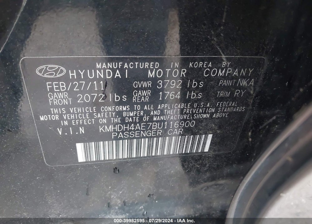 2011 HYUNDAI ELANTRA LIMITED (ULSAN PLANT) VIN: KMHDH4AE7BU116900