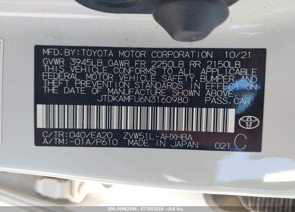 2022 TOYOTA PRIUS NIGHTSHADE EDITION VIN: JTDKAMFU6N3160980