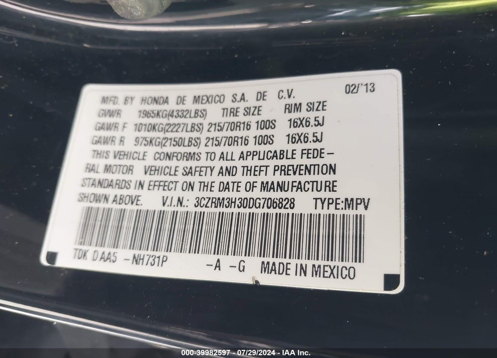 2013 HONDA CR-V LX VIN: 3CZRM3H30DG706828