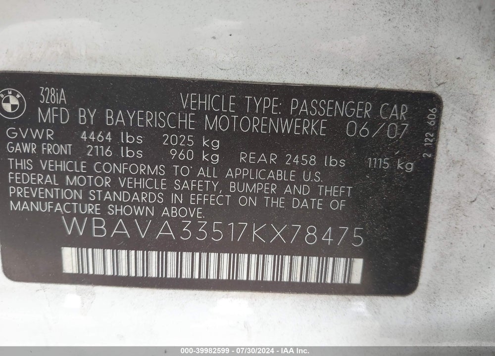 2007 BMW 328I VIN: WBAVA33517KX78475