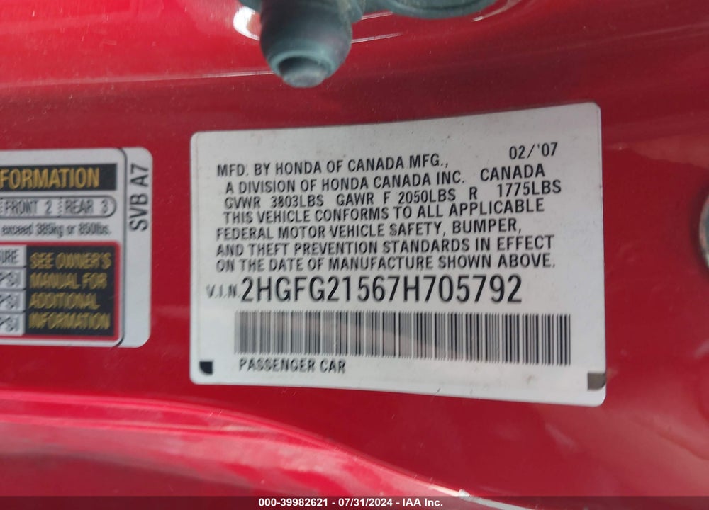 2007 HONDA CIVIC SI VIN: 2HGFG21567H705792