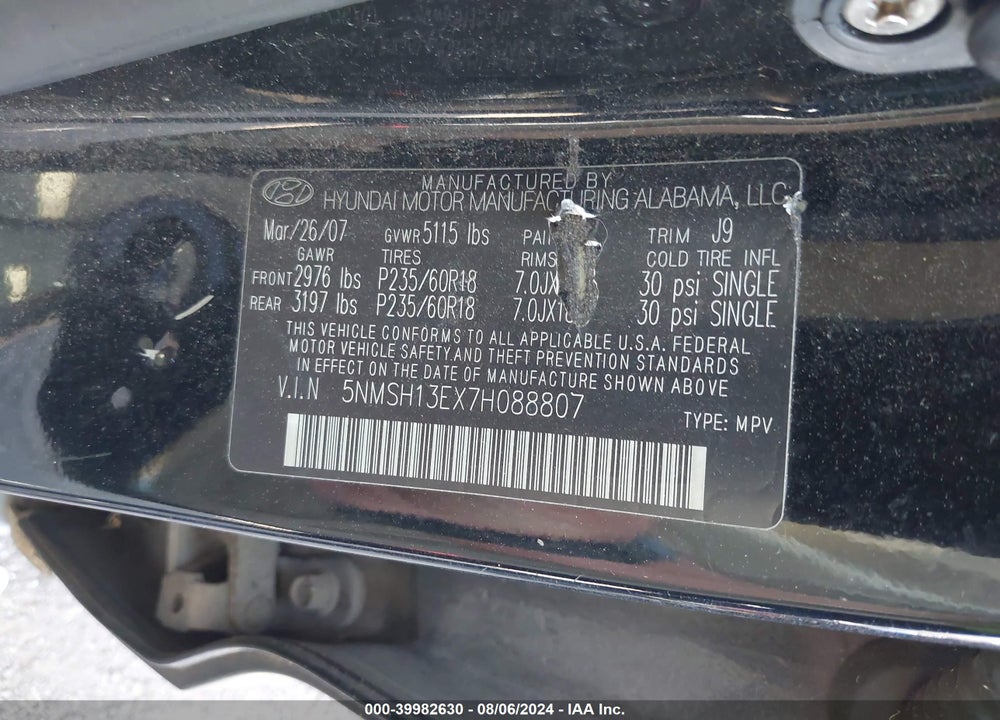 2007 HYUNDAI SANTA FE LIMITED/SE VIN: 5NMSH13EX7H088807