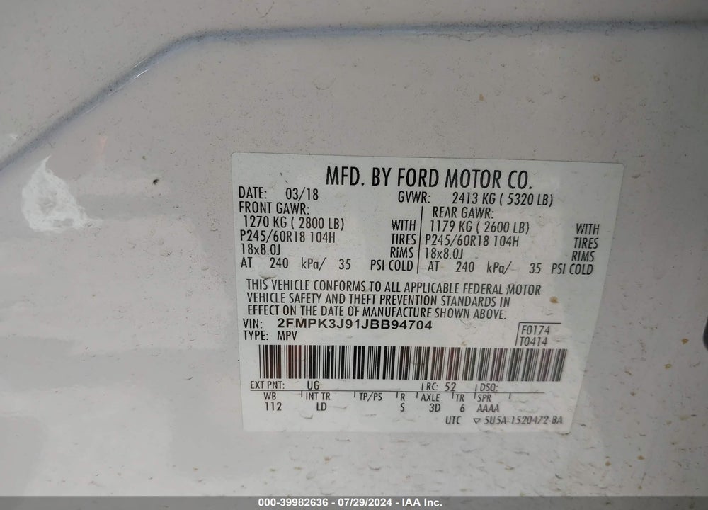 2018 FORD EDGE SEL VIN: 2FMPK3J91JBB94704