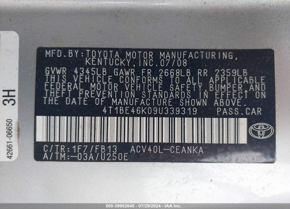 2009 TOYOTA CAMRY LE VIN: 4T1BE46K09U339319