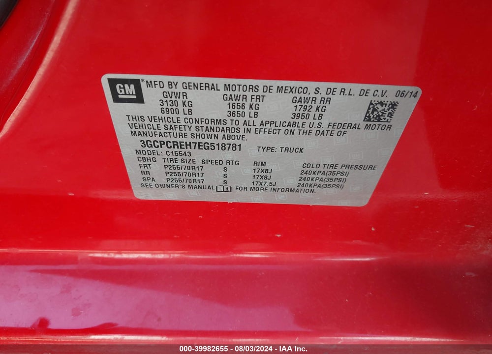 2014 CHEVROLET SILVERADO 1500 1LT VIN: 3GCPCREH7EG518781