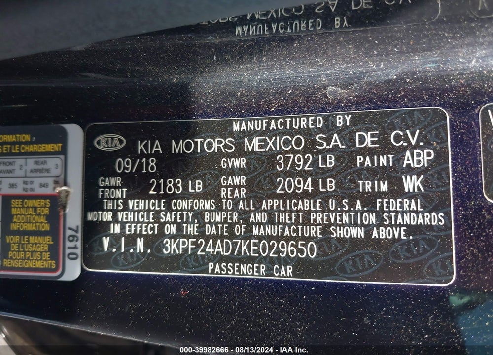2019 KIA FORTE LXS VIN: 3KPF24AD7KE029650