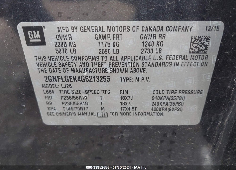 2016 CHEVROLET EQUINOX LTZ VIN: 2GNFLGEK4G6213255
