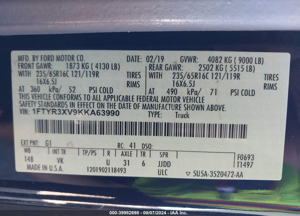 2019 FORD TRANSIT-250 VIN: 1FTYR3XV9KKA63990